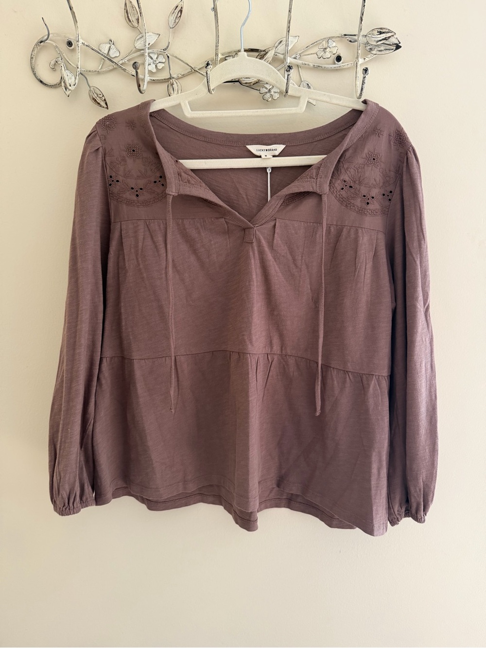 Lucky Brand Brown Cotton Peasant Blouse - Women's Long Sleeve Top NWT